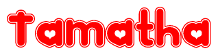The image is a red and white graphic with the word Tamatha written in a decorative script. Each letter in  is contained within its own outlined bubble-like shape. Inside each letter, there is a white heart symbol.