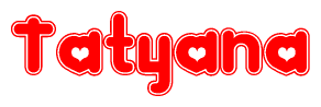 The image is a clipart featuring the word Tatyana written in a stylized font with a heart shape replacing inserted into the center of each letter. The color scheme of the text and hearts is red with a light outline.