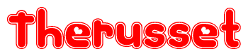 The image is a red and white graphic with the word Therusset written in a decorative script. Each letter in  is contained within its own outlined bubble-like shape. Inside each letter, there is a white heart symbol.