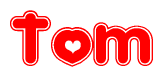 The image is a red and white graphic with the word Tom written in a decorative script. Each letter in  is contained within its own outlined bubble-like shape. Inside each letter, there is a white heart symbol.