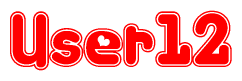 The image is a red and white graphic with the word User12 written in a decorative script. Each letter in  is contained within its own outlined bubble-like shape. Inside each letter, there is a white heart symbol.