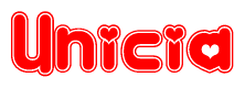 The image is a clipart featuring the word Unicia written in a stylized font with a heart shape replacing inserted into the center of each letter. The color scheme of the text and hearts is red with a light outline.