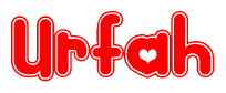 The image is a red and white graphic with the word Urfah written in a decorative script. Each letter in  is contained within its own outlined bubble-like shape. Inside each letter, there is a white heart symbol.