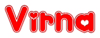 The image is a red and white graphic with the word Virna written in a decorative script. Each letter in  is contained within its own outlined bubble-like shape. Inside each letter, there is a white heart symbol.