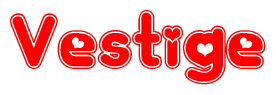 The image displays the word Vestige written in a stylized red font with hearts inside the letters.