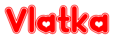 The image is a red and white graphic with the word Vlatka written in a decorative script. Each letter in  is contained within its own outlined bubble-like shape. Inside each letter, there is a white heart symbol.