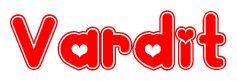 The image is a red and white graphic with the word Vardit written in a decorative script. Each letter in  is contained within its own outlined bubble-like shape. Inside each letter, there is a white heart symbol.