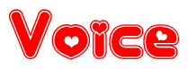 The image displays the word Voice written in a stylized red font with hearts inside the letters.