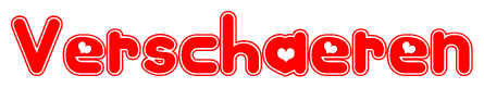 The image is a clipart featuring the word Verschaeren written in a stylized font with a heart shape replacing inserted into the center of each letter. The color scheme of the text and hearts is red with a light outline.