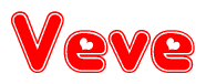 The image is a red and white graphic with the word Veve written in a decorative script. Each letter in  is contained within its own outlined bubble-like shape. Inside each letter, there is a white heart symbol.