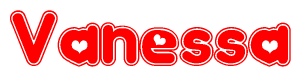 The image is a red and white graphic with the word Vanessa written in a decorative script. Each letter in  is contained within its own outlined bubble-like shape. Inside each letter, there is a white heart symbol.