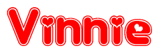 The image is a red and white graphic with the word Vinnie written in a decorative script. Each letter in  is contained within its own outlined bubble-like shape. Inside each letter, there is a white heart symbol.