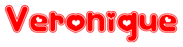 The image is a red and white graphic with the word Veronique written in a decorative script. Each letter in  is contained within its own outlined bubble-like shape. Inside each letter, there is a white heart symbol.