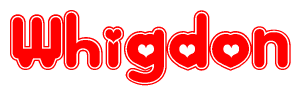 The image is a red and white graphic with the word Whigdon written in a decorative script. Each letter in  is contained within its own outlined bubble-like shape. Inside each letter, there is a white heart symbol.