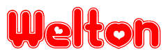 The image is a clipart featuring the word Welton written in a stylized font with a heart shape replacing inserted into the center of each letter. The color scheme of the text and hearts is red with a light outline.