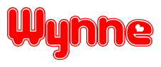 The image is a red and white graphic with the word Wynne written in a decorative script. Each letter in  is contained within its own outlined bubble-like shape. Inside each letter, there is a white heart symbol.