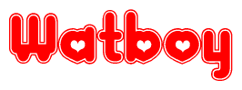 The image is a clipart featuring the word Watboy written in a stylized font with a heart shape replacing inserted into the center of each letter. The color scheme of the text and hearts is red with a light outline.