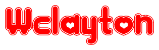 The image is a clipart featuring the word Wclayton written in a stylized font with a heart shape replacing inserted into the center of each letter. The color scheme of the text and hearts is red with a light outline.