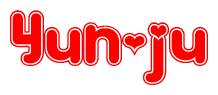 The image is a red and white graphic with the word Yun-ju written in a decorative script. Each letter in  is contained within its own outlined bubble-like shape. Inside each letter, there is a white heart symbol.