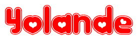 The image is a red and white graphic with the word Yolande written in a decorative script. Each letter in  is contained within its own outlined bubble-like shape. Inside each letter, there is a white heart symbol.