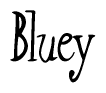 The image is of the word Bluey stylized in a cursive script.
