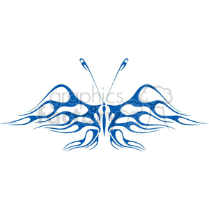 This image features a symmetrical tribal-style design that depicts a butterfly. The design is stylized and abstract, suitable for use as a tattoo design, vinyl decal, or graphic art piece. It uses blue color and distinct flowing tribal motifs that mimic the natural shape of butterfly wings.