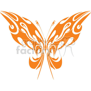 This image features a stylized, symmetrical tribal tattoo design of a butterfly. It is rendered in a bold orange color and designed for aesthetic appeal, with flowing lines and curling shapes that mimic the natural patterns often found on butterfly wings.