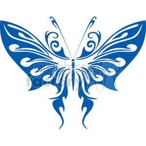 This clipart image features a symmetrical tribal design of a butterfly. It has intricate and flowing tribal patterns, which give the appearance of a butterfly with stylized wings suitable for tattoos, vinyl decals, or decorative artwork.