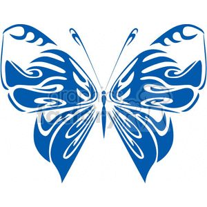 This clipart image features a symmetrical tribal butterfly design. It is a stylized representation of a butterfly with intricate swirls and curves that create a visually appealing tribal pattern. The design is set in a bold blue color, which would make it suitable for vinyl-ready applications, tattoos, or graphic designs.