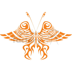 The image is a symmetrical, tribal-style design of a butterfly. It features intricate swirls and flame-like elements making up the wings, with the body and antennae cleanly represented in the center. The design is stylized and abstract, commonly found in tattoo art and could be used for vinyl decals.