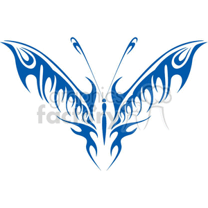 This clipart image features a symmetrical tribal butterfly design. It is a stylized representation of a butterfly with intricate tribal patterns adorning its wings, which are typically suitable for vinyl-ready applications, tattoos, or decorative designs.