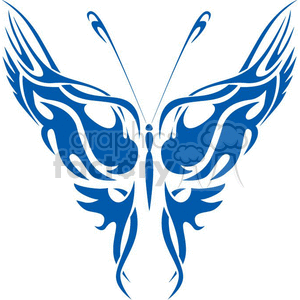 The image is a clipart of a symmetrical tribal butterfly design. It could serve as a design for tattoos, vinyl decals, or other artistic applications. The butterfly appears to have a stylized and ornate form with intricate patterns and swirls that make up its wings and body.