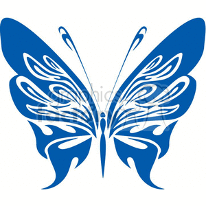 This image depicts a stylized, symmetrical representation of a butterfly. The design is simplified and appears to be in the style of tribal tattoos, with flowing lines and tapered shapes creating the form of the butterfly's wings and body. It is rendered in a solid blue color and is designed to be suitable for vinyl cutting or similar applications.
