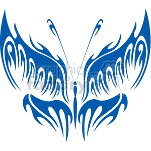 The image depicts a symmetrical tribal butterfly design in a blue color. It features intricate curves and shapes that resemble tribal tattoo patterns, forming the shape of a butterfly with both wings spread out. The design appears to be symmetrical with similar patterns mirrored on both sides.