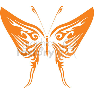 The clipart image displays a symmetrical, tribal design of a butterfly. The design is characterized by its stylized wings with intricate and flowing tribal patterns. This image appears to be in an orange or amber color, and it seems to be suitable for vinyl-ready applications such as decals or tattoos due to its clean, bold lines.