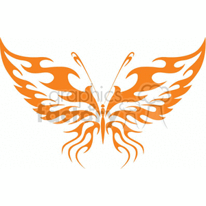 The image is a stylized representation of a symmetrical butterfly. The design appears to have tribal influences with its fluid, ornate shapes and swirls, creating the wings and body of the butterfly. It is depicted in a solid orange color, suitable for uses such as a tattoo design, vinyl graphic, or a graphical element in various aesthetic projects. The design is clean and appears to be ready for use in vinyl cutting, given its solid and defined edges.