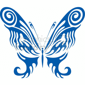 This clipart image features a symmetrical tribal butterfly design. The design is stylized with various swirls and shapes that make up the wings and body of the butterfly, indicating it may be suited for use as a tattoo, decal, or a decorative vinyl-ready graphic.