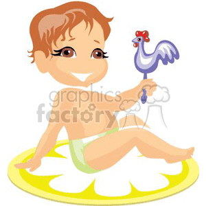 Baby Boy Holding a Toy Rooster Rattle in a Diaper sitting on a Yellow and White Rug