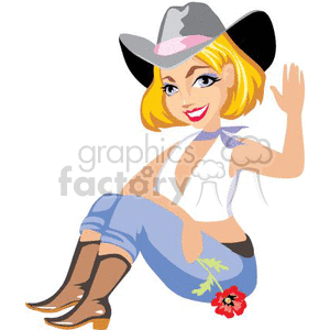 A cheerful cowgirl with blonde hair, wearing a cowboy hat, boots, and jeans, sitting and waving hello.