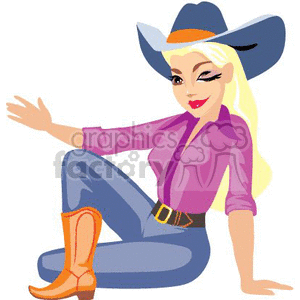 A Cowgirl with a Big Hat and a Purple Shirt Sitting Crossing her Leg Waiving