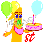   The clipart image depicts a cartoonish figure resembling a one-year-old with a binky in its mouth. The figure is holding two balloons, one green and one blue, and a birthday cake with a single lit candle on a plate in the other hand. There
