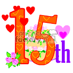 The image features the number 15 adorned with patterns, hearts, and flowers, alongside the word th, suggesting a celebration of a 15th birthday or anniversary. The design is animated and colorful with an emphasis on pink and orange hues, with smaller hearts scattered around the number, and a cluster of flowers positioned towards the bottom left of the number.
