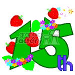 The clipart image features the number 15 in a bold and stylized green font with the suffix th in purple, suggesting a 15th birthday celebration. Decorative elements include strawberries attached to the numbers and colorful flowers and sparkles scattered around the digits, adding to the festive and cheerful theme of the image.