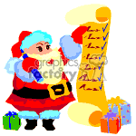 The clipart image features a cartoon depiction of Santa Claus in his traditional red and white suit holding a long, yellow scroll that appears to be a list. He is wearing glasses and appears to be reading the list. Next to Santa, there are three wrapped Christmas gifts in various sizes and colors.