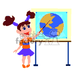This clipart image depicts a cartoon-like drawing of a girl with pigtails pointing at a world map on a stand. The girl is dressed in an orange shirt and a purple skirt and is holding what appears to be a pointer or stick in her hand, which she is using to indicate a location on the map.
