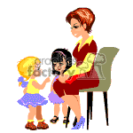   The clipart image depicts three cartoon-style figures. There is an adult woman with short hair sitting on a chair, and she appears to be engaged in a conversation with two young girls. One girl has blonde hair and is standing while wearing a blue dress, and the other girl, apparently holding a doll, sits on the woman