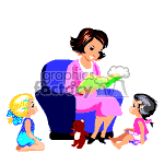 The clipart image shows a woman sitting in an armchair, reading a book to two small children who are sitting on the floor looking at her. One child appears to be playing with a small brown teddy bear. The woman and children are depicted in a stylized and colorful manner typical of clipart. The image communicates a serene and educational atmosphere, suggesting a storytime or learning moment.