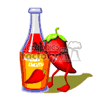 Chili pepper hugging a bottle of hot sauce