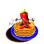 Chili pepper jumping on a stack of pancakes. 