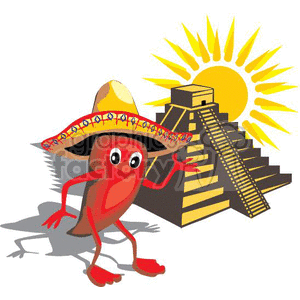 A festive clipart image featuring a cartoon chili pepper character wearing a sombrero, standing in front of a pyramid reminiscent of Chichen Itza with the sun shining brightly above.